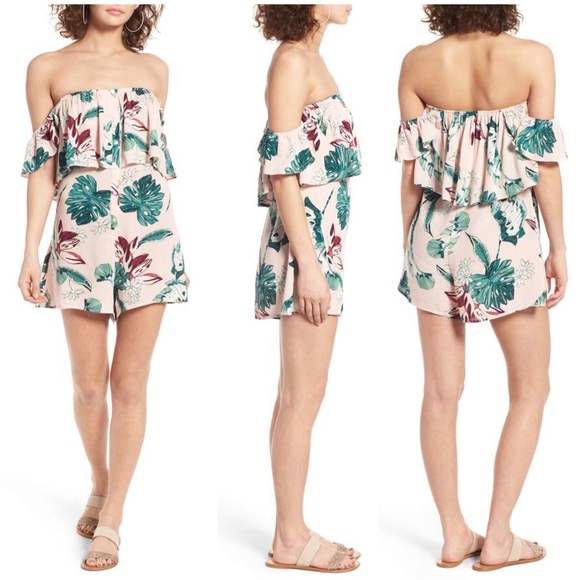 Blush Palm Print Off the Shoulder Romper - Picture 1 of 8
